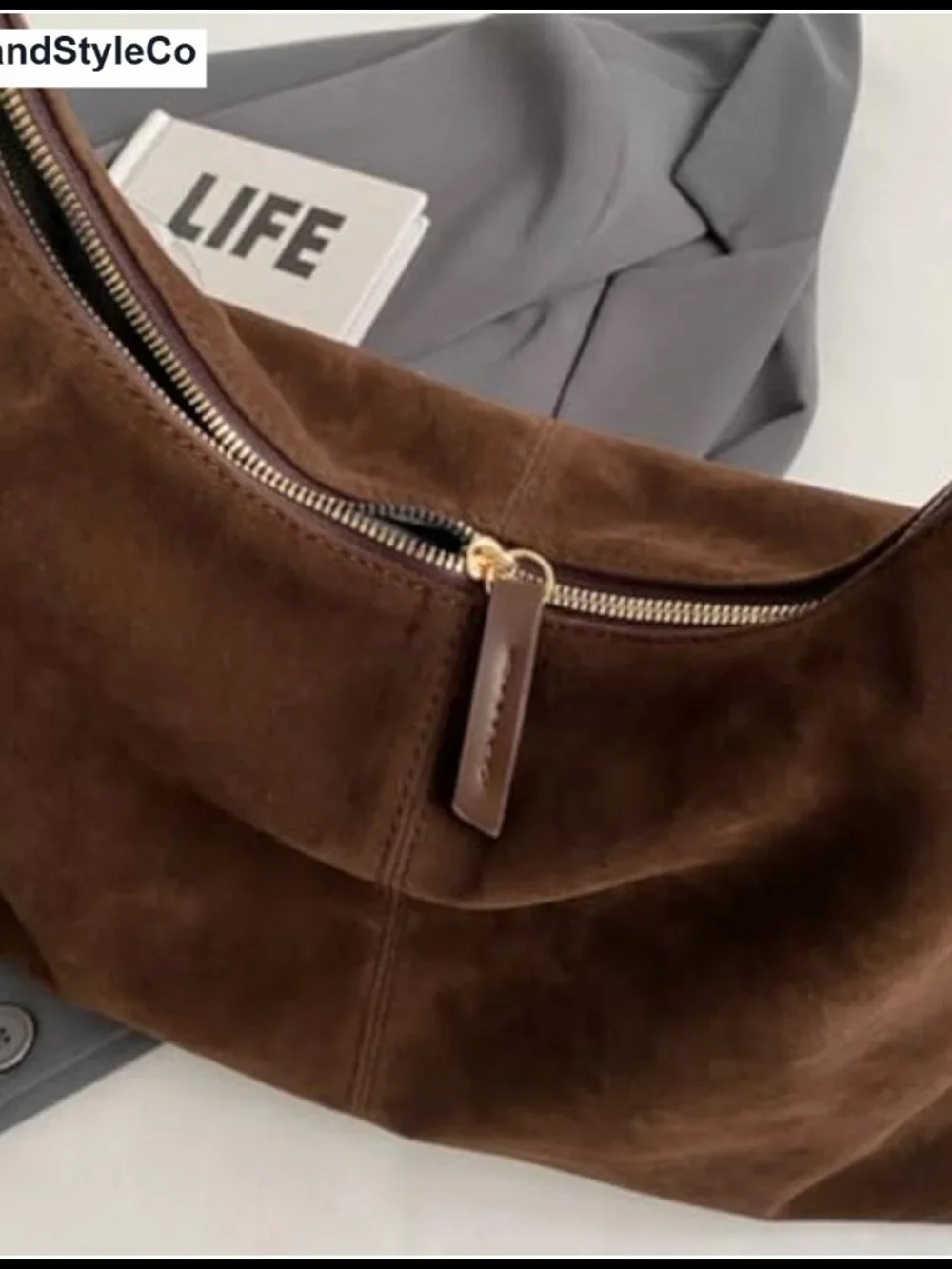 Slouchy Suede Hobo Shoulder Bag for Women with Zipper, Work Travel Purse